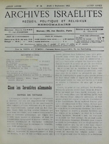Archives israélites de France. Vol.73 N°36 (05 sept. 1912)
